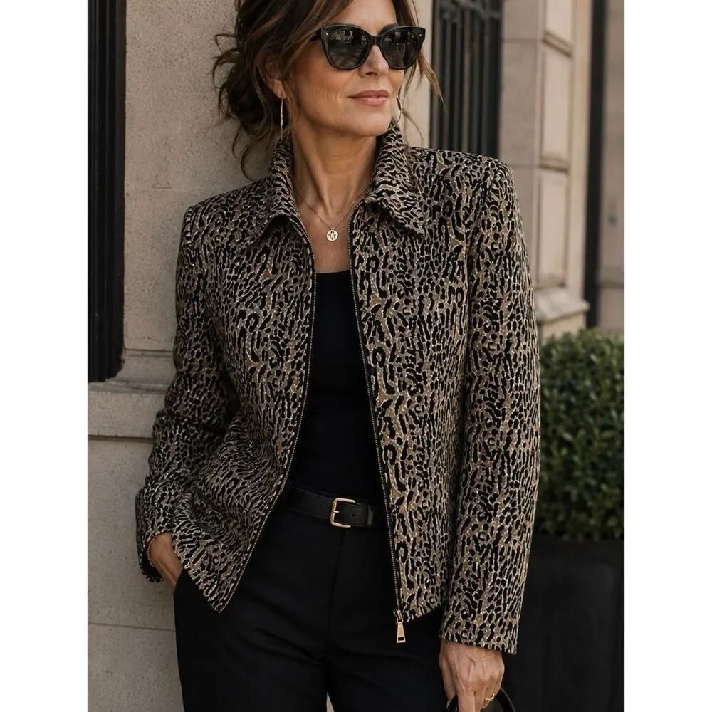 Vintage Mary McFadden Studio Lined Jacket Full Zip Leopard Animal Print Women’s